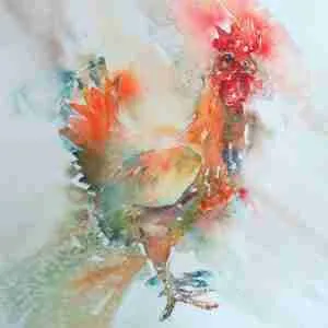 Chick, chick, chicken lay a little egg for me, watercolour by Liz Chaderton