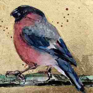 Bullfinch on Gold – Original Watercolour & Ink Painting on Wooden Cradle Board | 15 x 15 cm